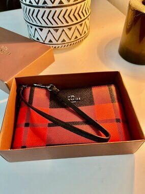 Coach Red and Black Plaid Wristlet with Black Trim
